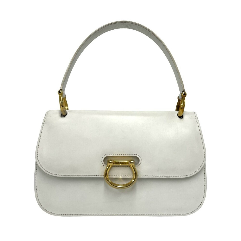 CELINE Vintage Logo Gancini Hardware Leather Handbag Mini Tote Bag White 29486
